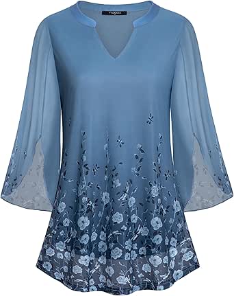 Womens Ruffle 3/4 Sleeve V Neck Double Layer Mesh Blouse