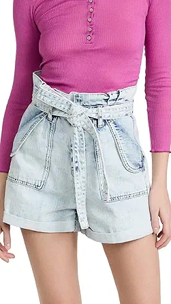 Womens Pleated Denim Paperbag Cuffed Shorts with Belt