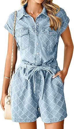 Womens Short Sleeve Collared Romper with Pockets