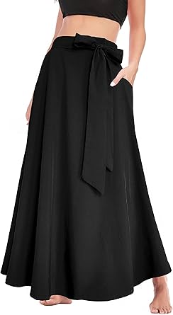 Women’s High Waist Tie Front Pleated A-line Long Maxi Skirt with Pockets