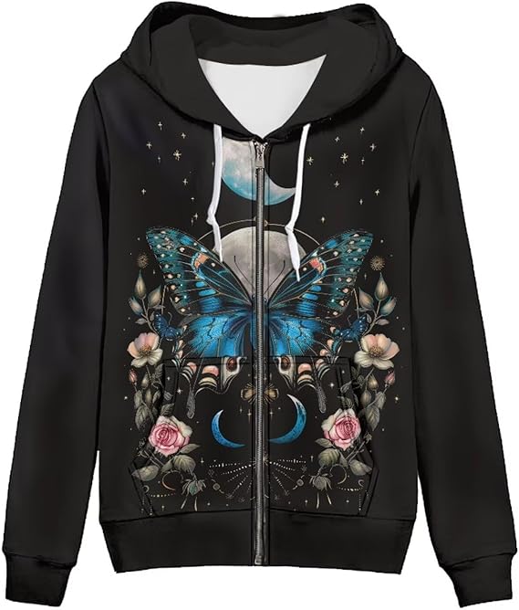Women's Lightweight Oversized Graphic Zip Hoodie with Pockets