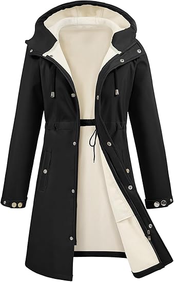 Women's Fleece Lined Hooded Long Rain Jacket