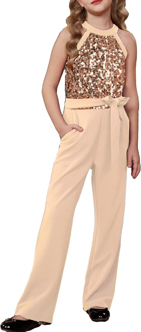 Girls Sequin Halter Party Jumpsuit Formal Romper