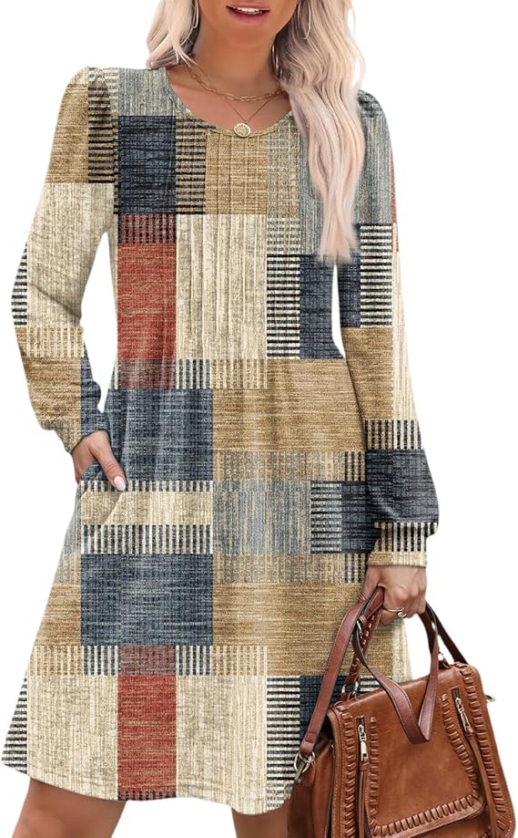 Women’s Long Sleeve Crewneck Flowy Midi Dress Casual Fall Outfit