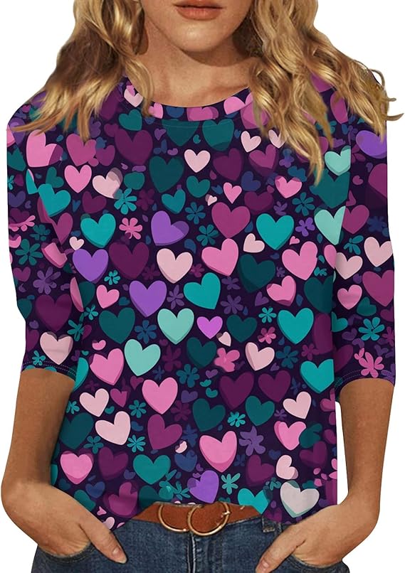 Women’s Valentine Heart Print 3/4 Sleeve Crewneck Tunic Top
