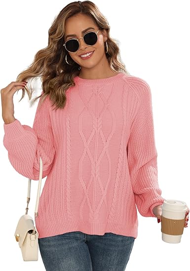 Women’s Cable Knit Crewneck Sweater Long Sleeve Chunky Pullover Top