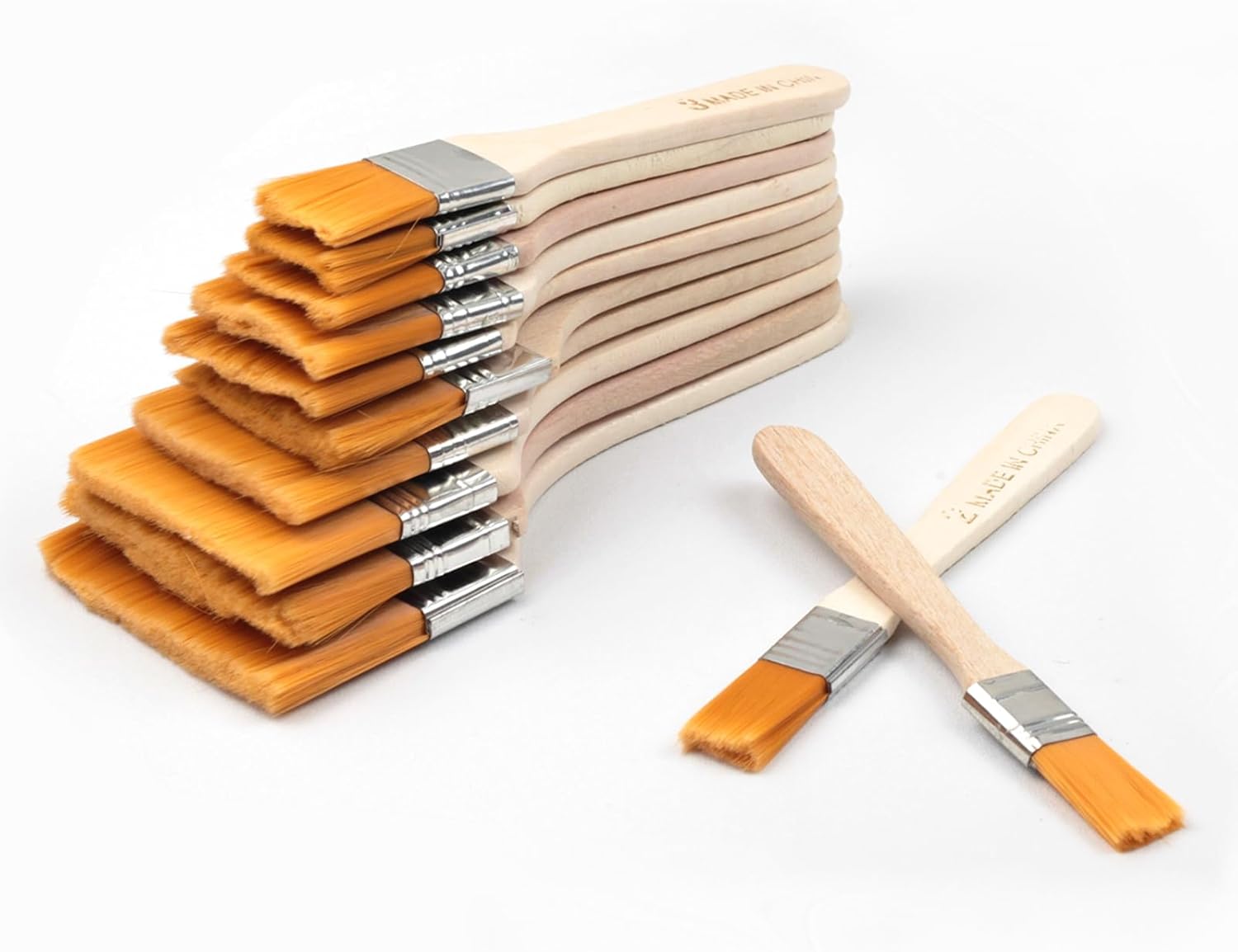 Flat Nylon Paint Brush Set, 12 Pcs, Wooden Handles