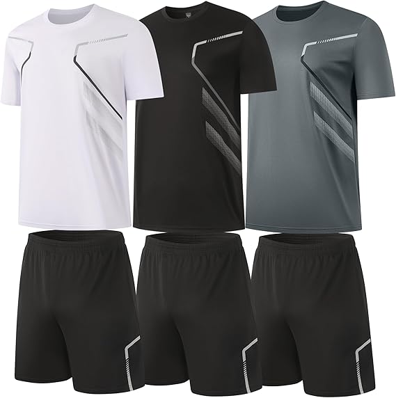 Men’s Athletic Gym Shorts & Shirt Set – Quick Dry Workout Outfit with Pockets (3-pack set)