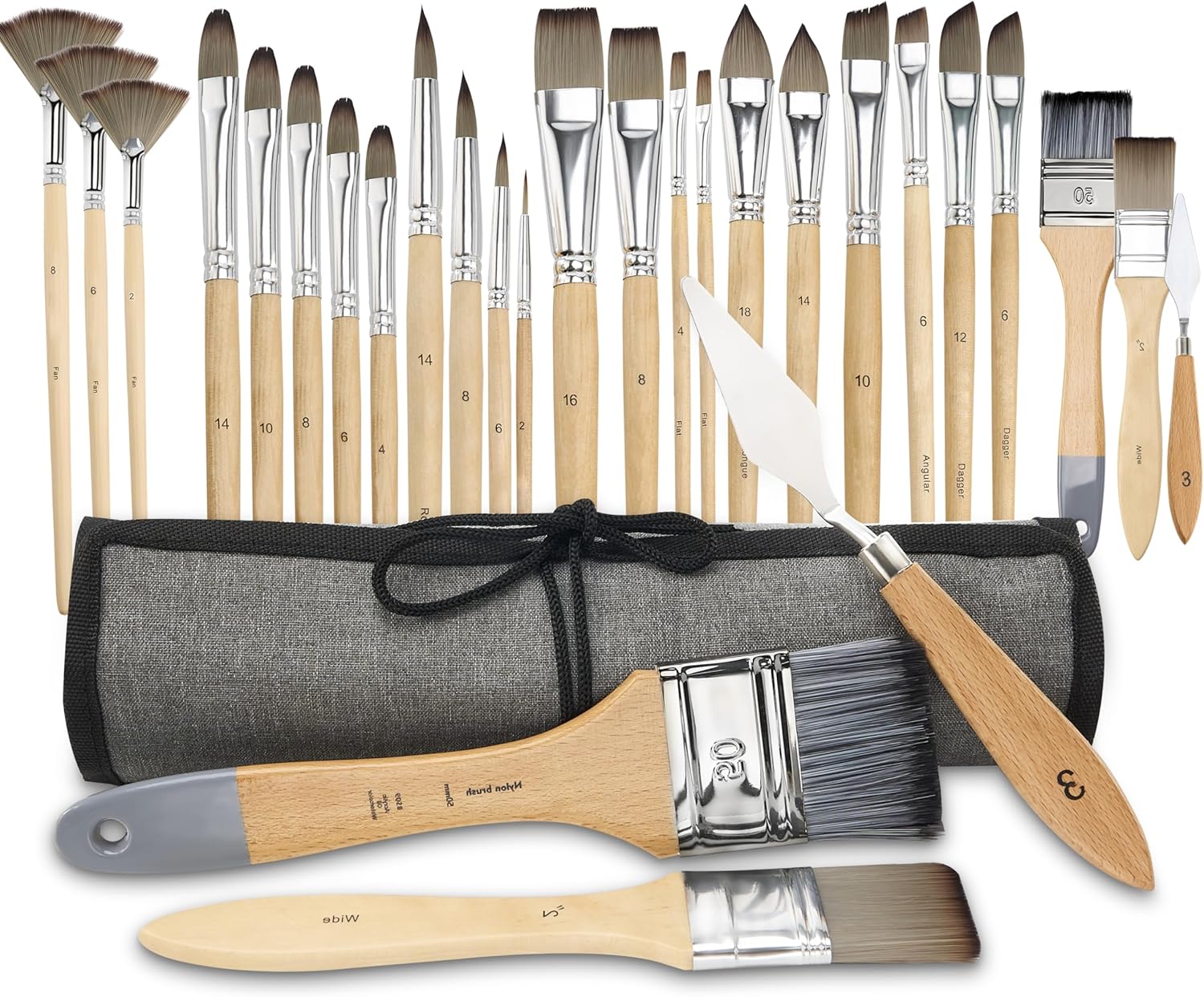 Oil Paint Brushes Set, 25 Pieces with Palette Knife and Roll