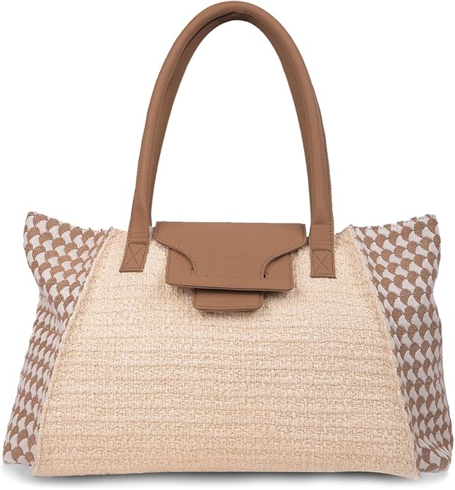 Large Jacquard Cotton Tote Bag with Vegan Leather Handles