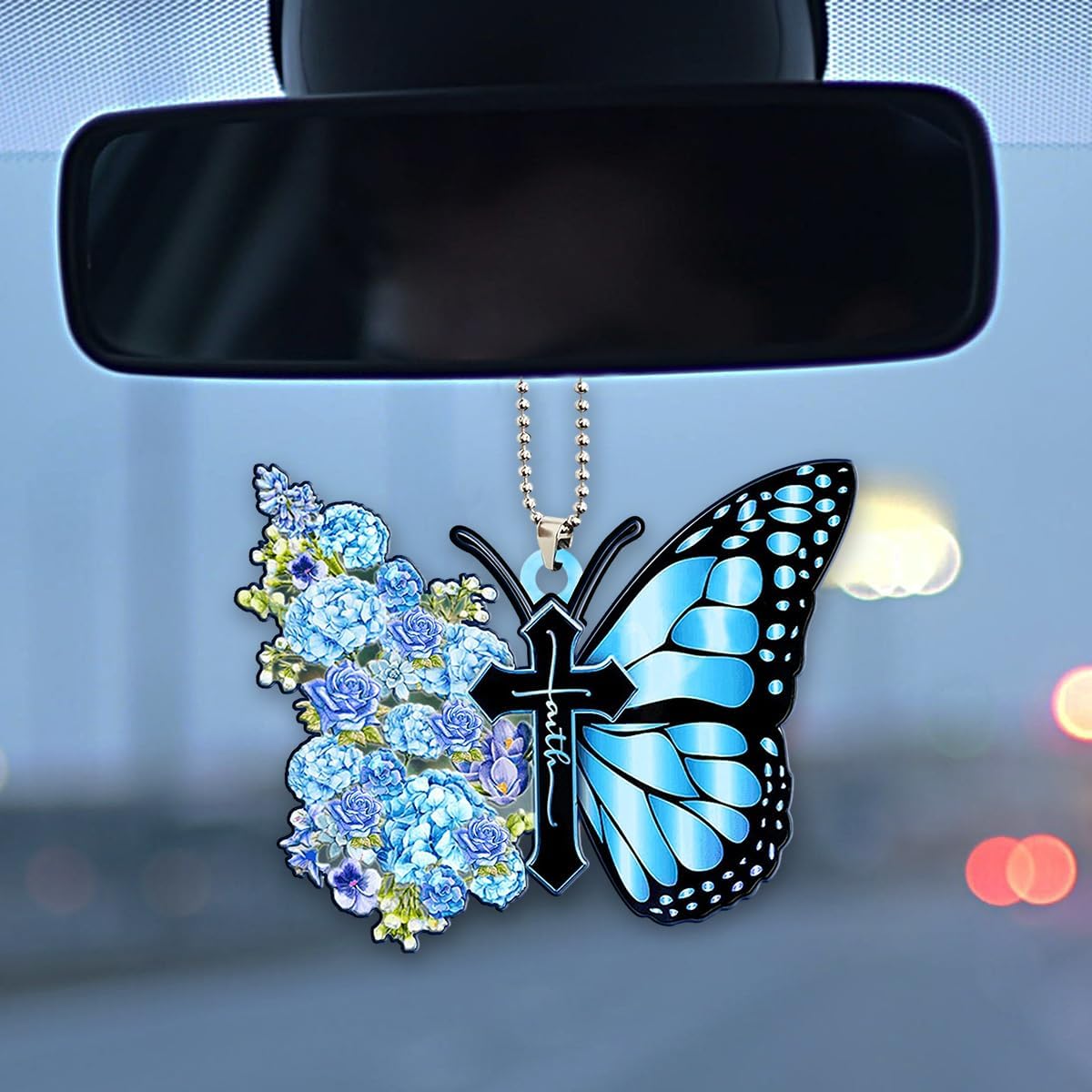 Butterfly Cross Acrylic Car Rear View Mirror Hanging Ornament Blue