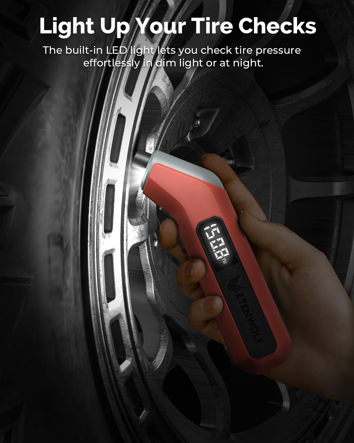 Digital Tire Pressure Gauge 3–200 PSI with LED Light Vivid Orange
