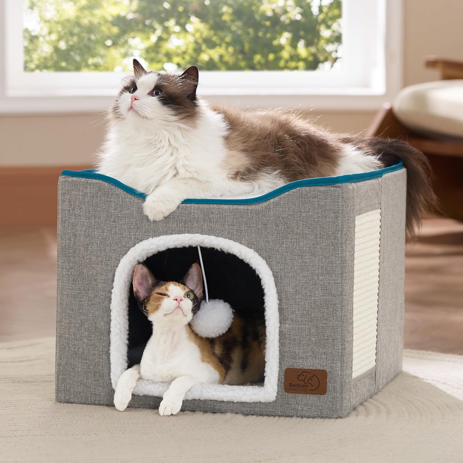 Large Cat Cave Bed with Scratching Pad and Hanging Toy