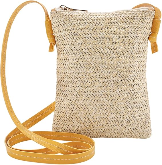 Woven Straw Bucket Crossbody Tote Bag with Adjustable Strap and Zipper