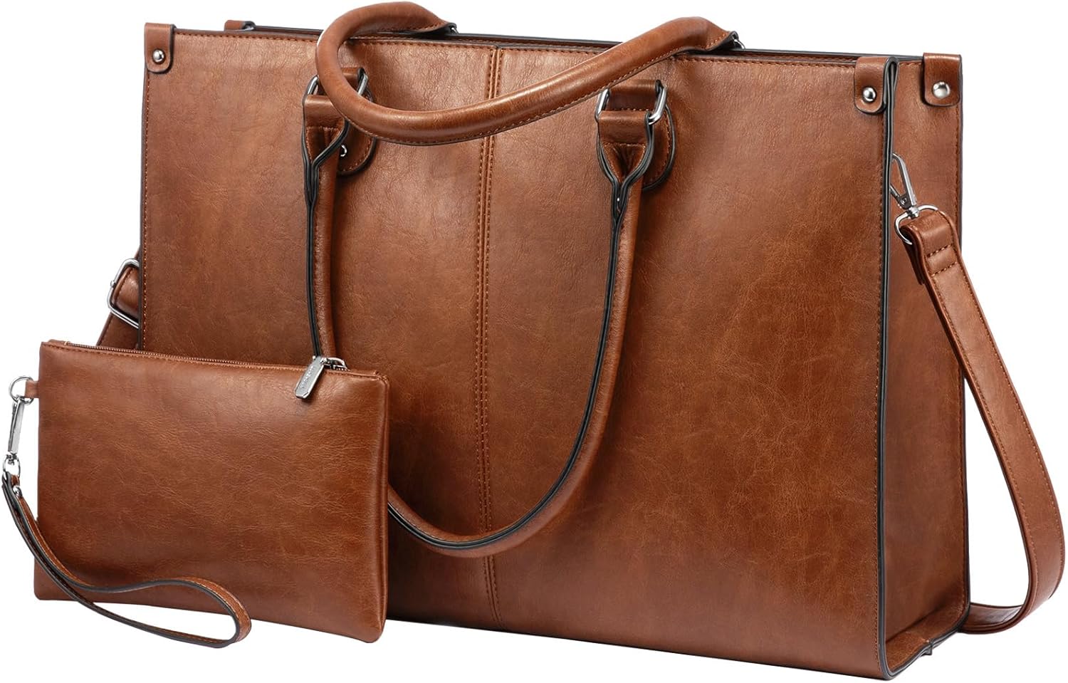 Women’s 15.6 Inch Vintage-Style Vegan Leather Laptop Tote Bag with Clutch