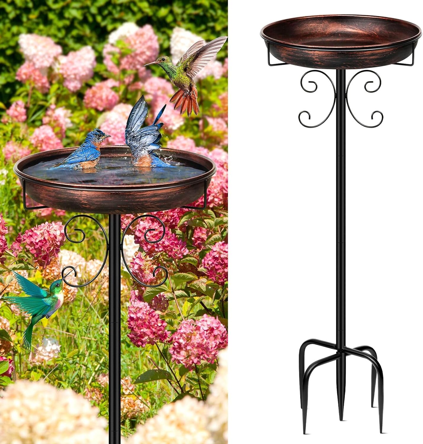 35 Inch Metal Bird Bath with 5-Pronged Ground Stake Base