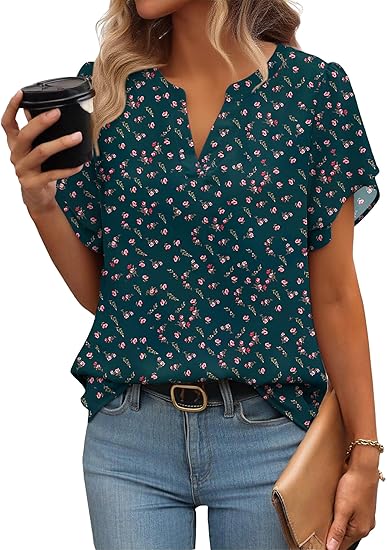 Women’s Dressy Casual V-Neck Chiffon Work Blouse Short Sleeve Summer Top