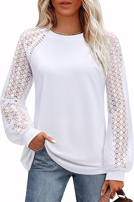 Women’s Long Sleeve Lace Blouse Crew Neck Business Casual Work Top