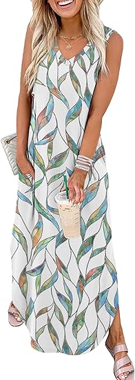 Women’s Summer Maxi Dress V-Neck Vacation Beach Sundress with Pockets