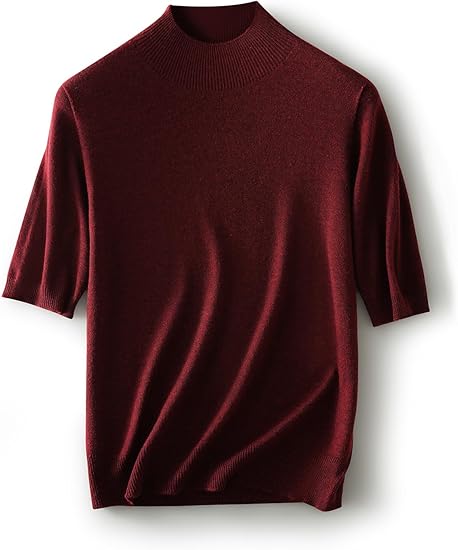 Women’s Merino Wool Blend Mock Neck Short Sleeve Seamless Sweater