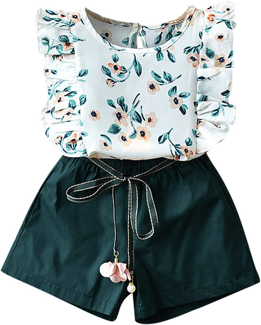 Girls Floral T-Shirt and Shorts Set with Decorative Belt