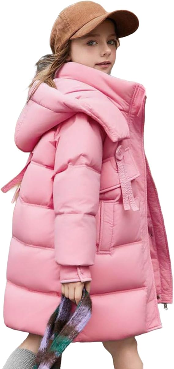 Girls Hooded Mid-Length Winter Puffer Jacket with Pockets