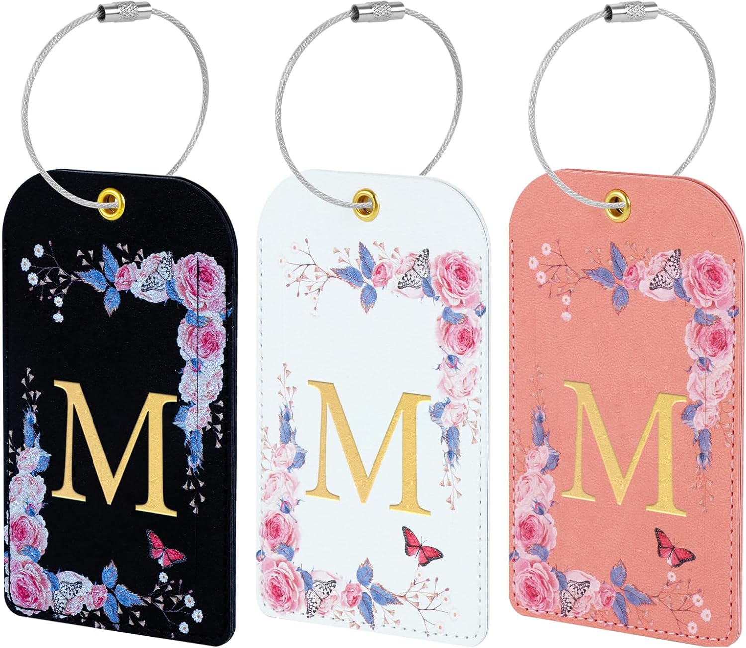 3 Pack Floral PU Leather Luggage Tags with Steel Cable