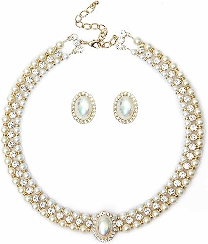 Layered Twisted Gold Pearl Necklace Choker Chunky Glass Statement Pearl Necklace and Earring set