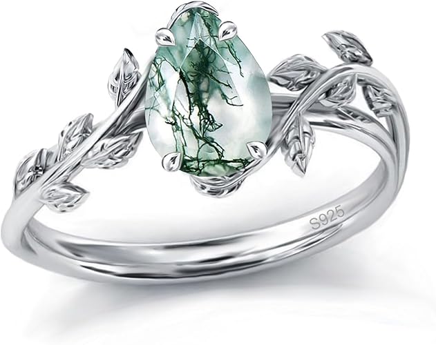 Natural Moss Agate Ring with Leaf Design