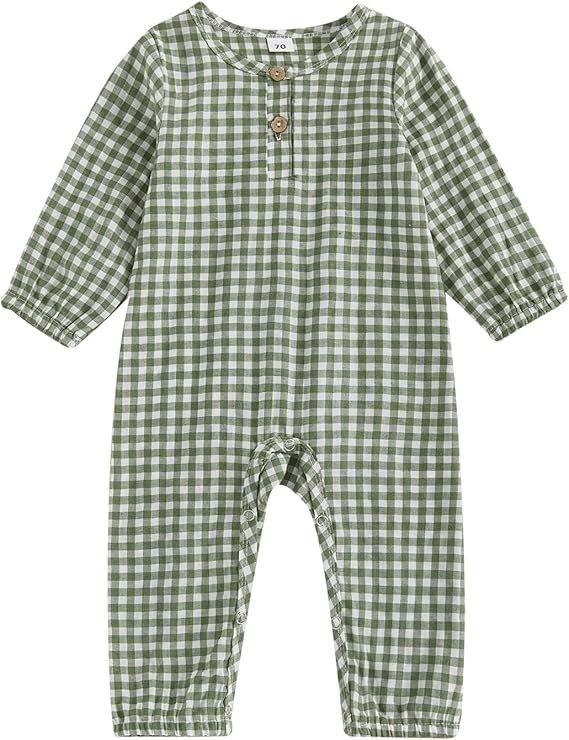 Baby Unisex Gingham Plaid Long Sleeve Button Romper Jumpsuit