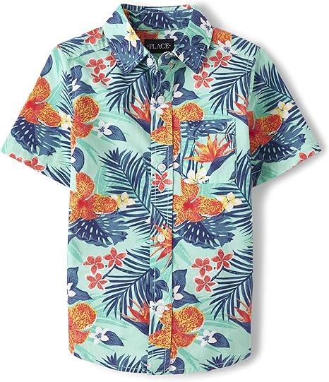 Boys Short Sleeve Button Down Shirt Tropical Print Cotton Poplin