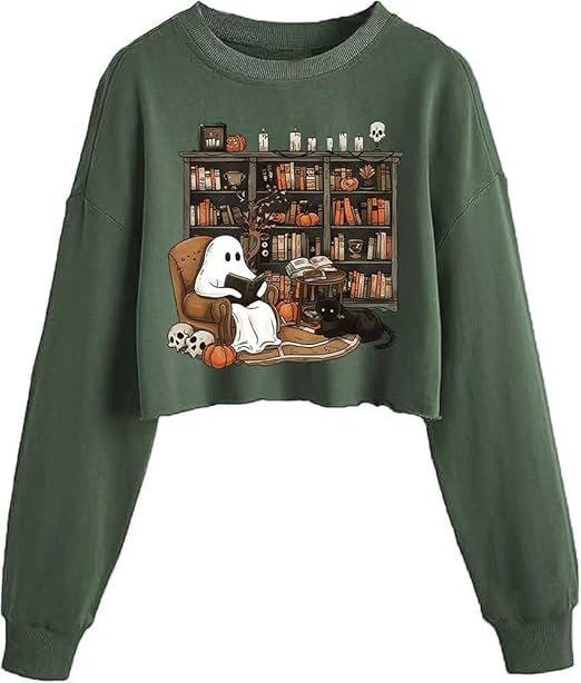 Women’s Halloween Graphic Crop Sweatshirt Lantern Sleeve Cozy Pullover