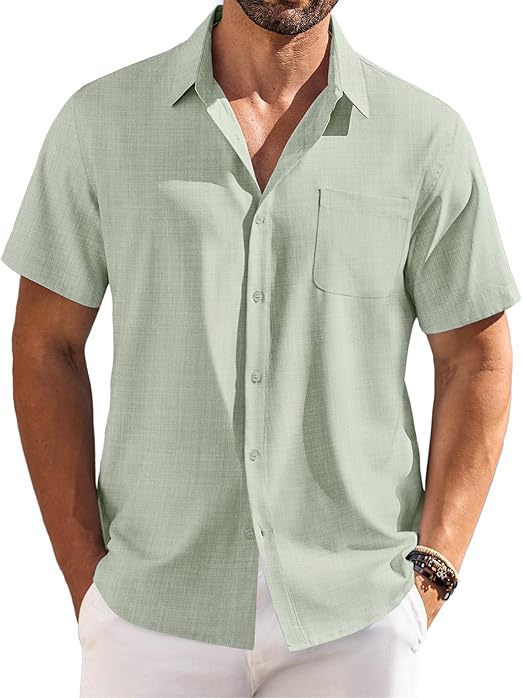 Men’s Short Sleeve Button Down Beach Shirt Lightweight Stretch Fabric