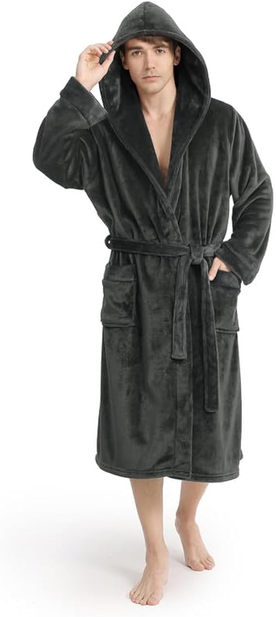 Men’s Hooded Fleece Bathrobe Plush Warm Robe With Pockets