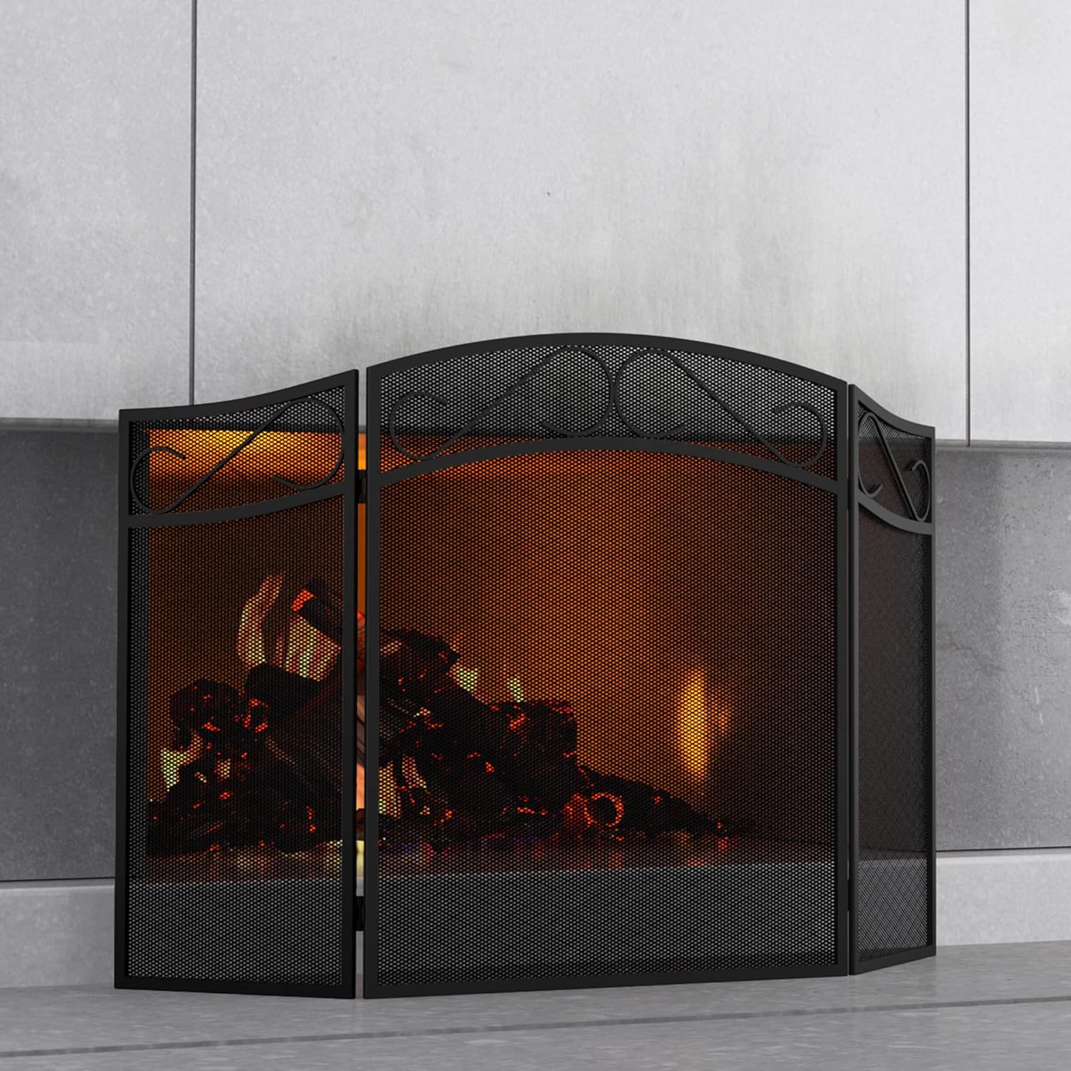 Fireplace Screen Foldable 3-Panel Wrought Iron Cover