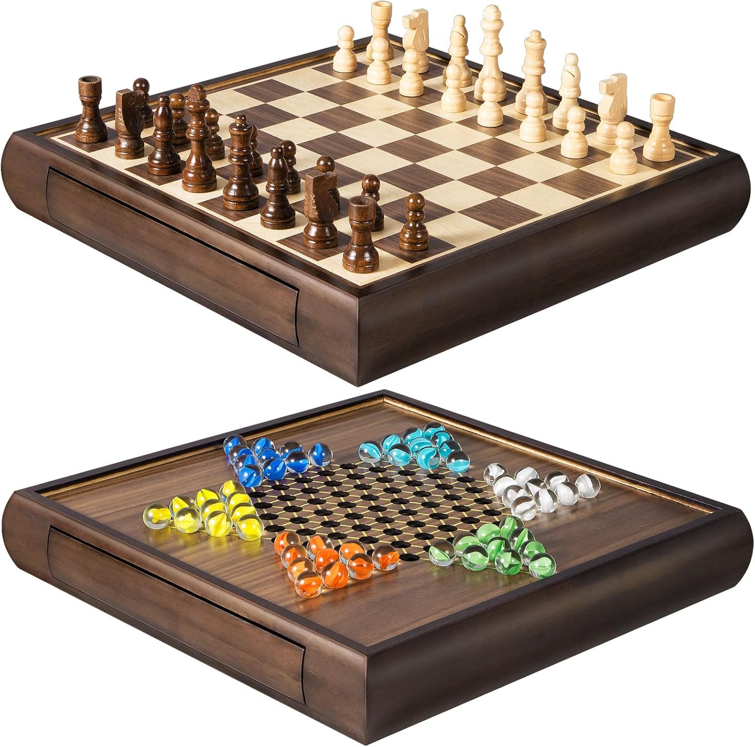 2-in-1 Magnetic Chess and Chinese Checkers Wooden Board Game