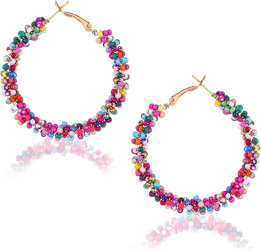 Bohemian Colorful Wooden Bead Hoop Earrings for Women