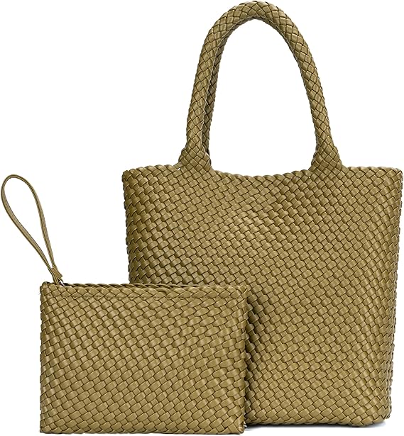 Large Woven Faux Leather Shoulder Tote Bag
