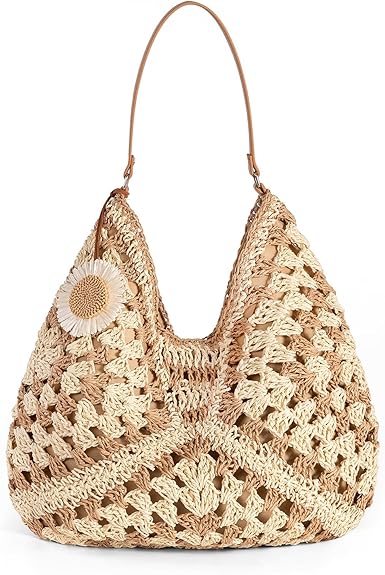 Handwoven Straw Shoulder Tote Bag with Magnetic Closure