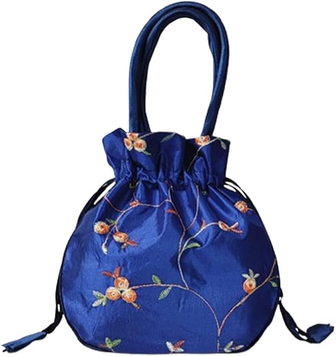 Embroidered Satin Tote Bag with Elastic Shoulder Straps