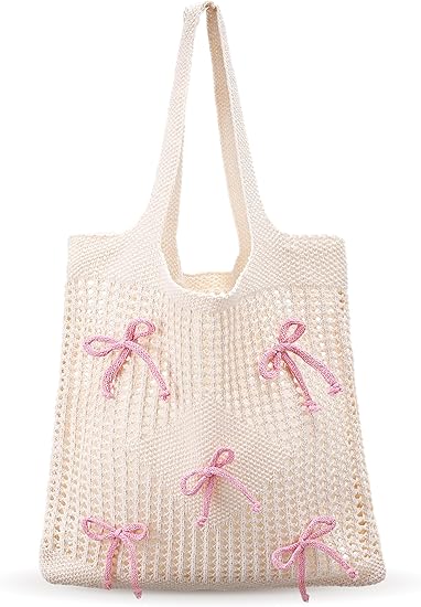 Mesh Knit Crochet Tote Bag with Decorative Bow Accent