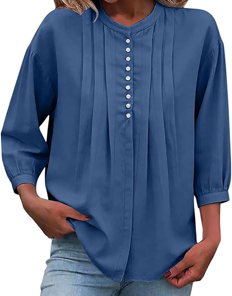 Puff 3/4 Sleeve Pleated V Neck Lace Tunic Top