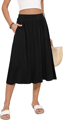 Midi Summer Flowy High Waisted Pleated Skirt with Pockets