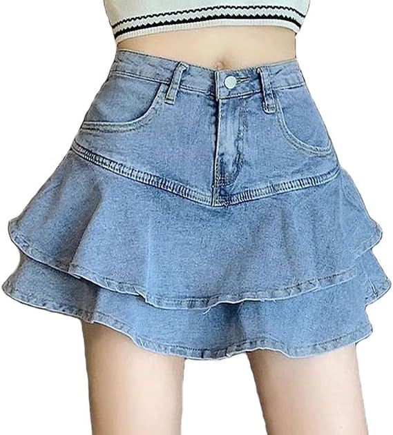 Casual Denim Mini Skirt Ruffled A-line Pleated Short Skirt