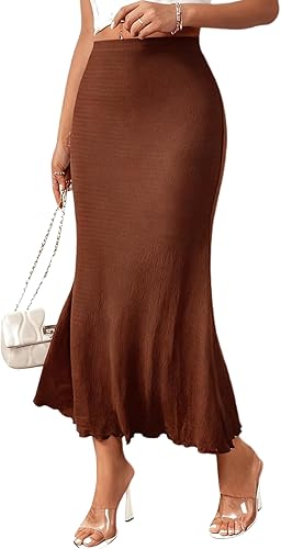 High Waisted Ribbed Knit Bodycon Midi Mermaid Skirt