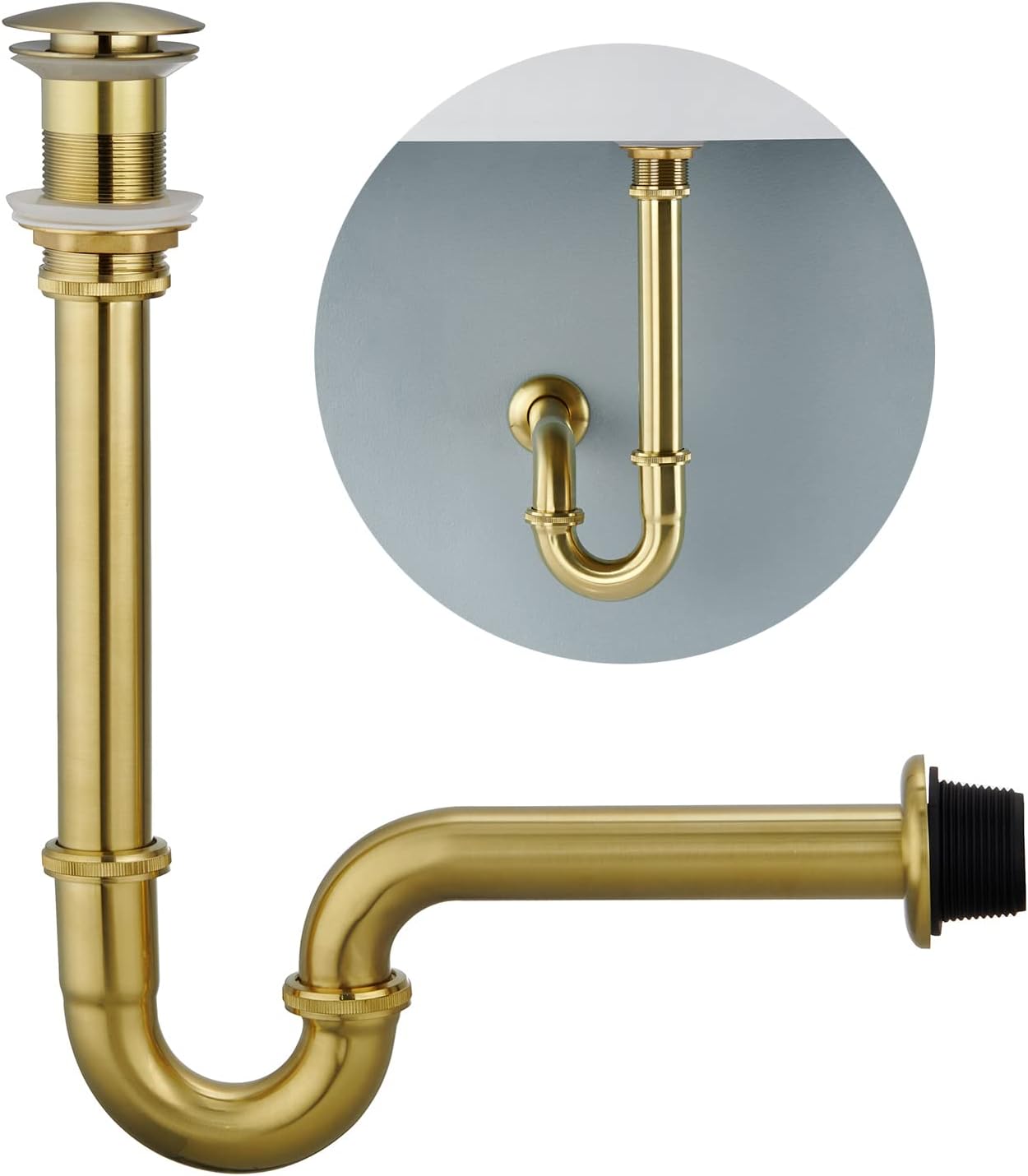 1-1/4 Inch Brass Bottle P-Trap with Sink Stopper Adjustable Height No Overflow