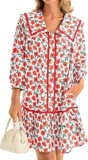 Women’s Floral 3/4 Sleeve Button Front Babydoll Mini Dress