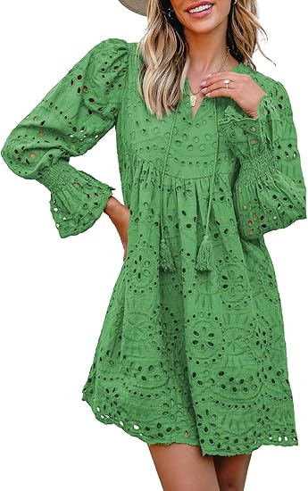 Women’s Cotton Long Sleeve Tassel V-Neck Eyelet Dress