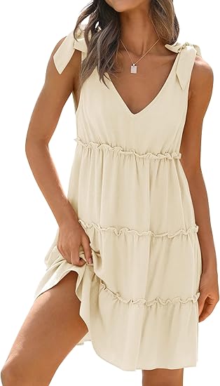 Women’s Sleeveless V-Neck Tiered Mini Dress with Tie Shoulder