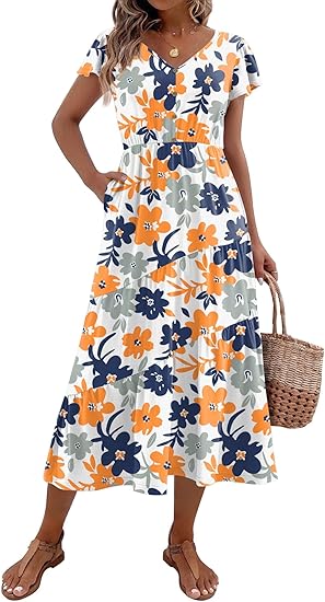 Women’s Flutter Sleeve V-Neck Tiered Midi Dress with Pockets